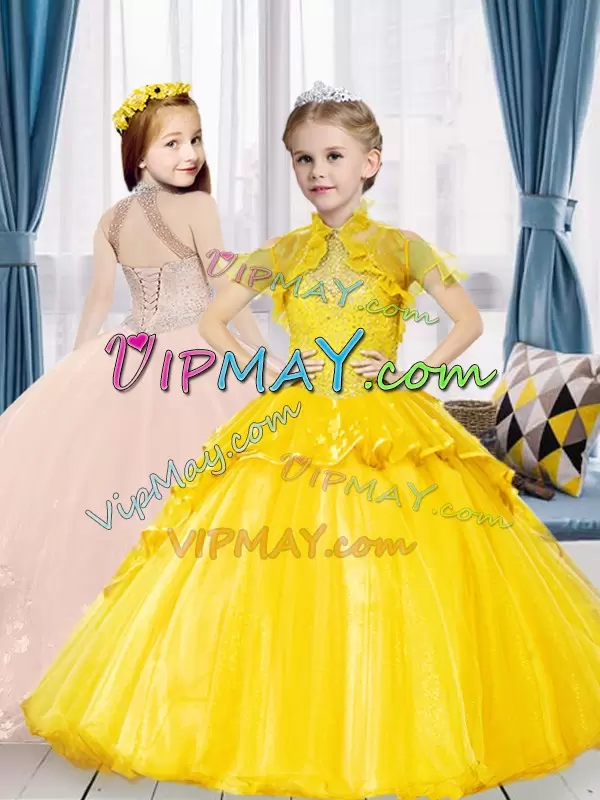 Nice High-neck Sleeveless Lace Up Evening Gowns Yellow Organza Beading