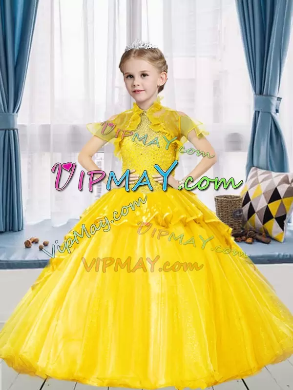 Nice High-neck Sleeveless Lace Up Evening Gowns Yellow Organza Beading