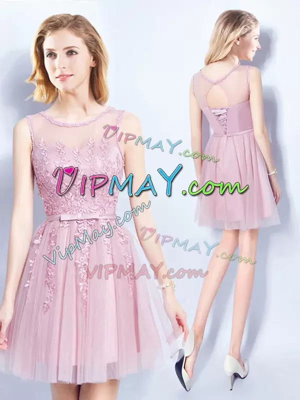 Pink Empire Appliques and Belt Bridesmaid Dress Lace Up Tulle Sleeveless Mini Length