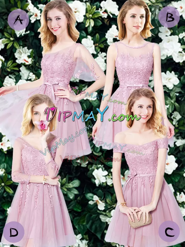 Pink Empire Appliques and Belt Bridesmaid Dress Lace Up Tulle Sleeveless Mini Length