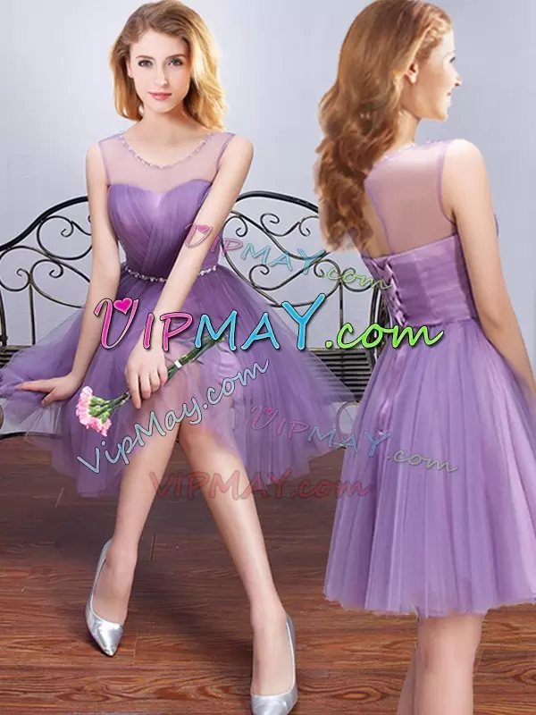 Lavender Lace Up Wedding Guest Dresses Beading and Appliques and Ruffles and Ruching and Belt and Hand Made Flower Sleeveless Mini Length