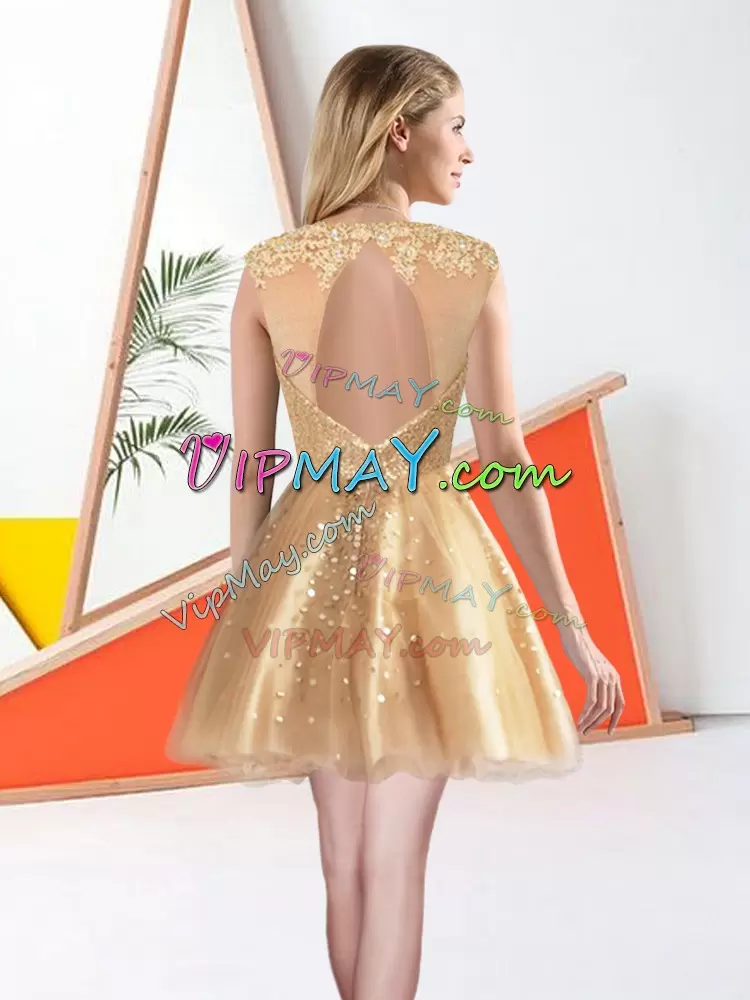 Champagne A-line Beading and Lace Wedding Guest Dresses Backless Organza Sleeveless Knee Length