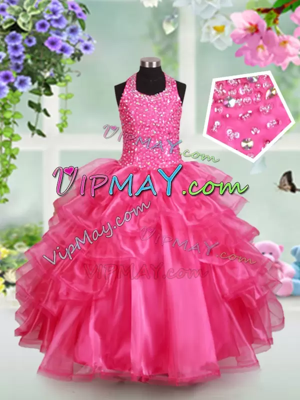 Elegant Sleeveless Floor Length Beading and Ruffled Layers Lace Up Girls Pageant Dresses with Hot Pink