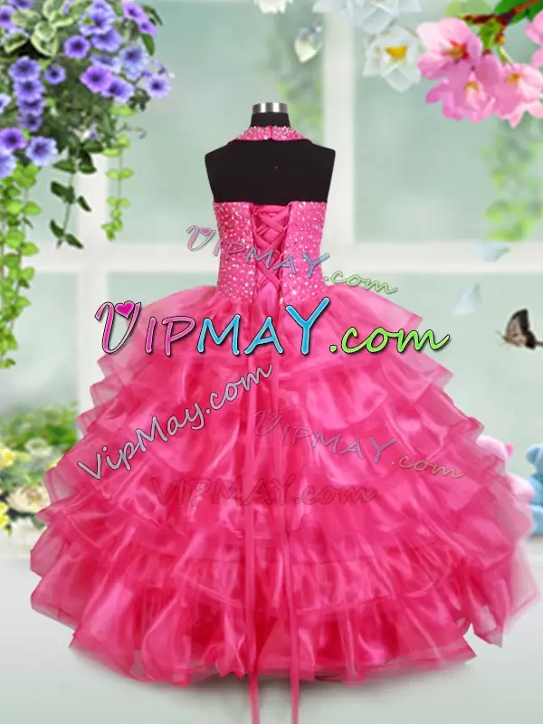 Elegant Sleeveless Floor Length Beading and Ruffled Layers Lace Up Girls Pageant Dresses with Hot Pink