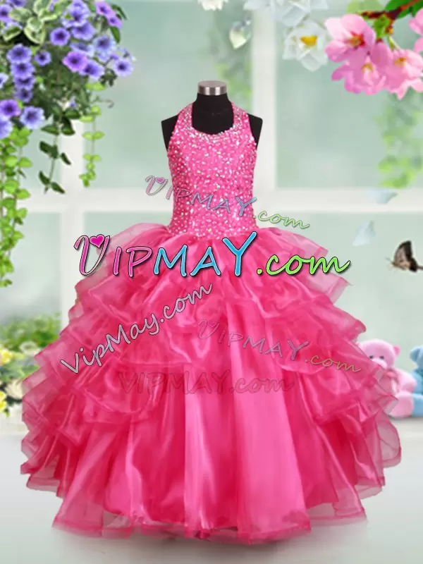 Elegant Sleeveless Floor Length Beading and Ruffled Layers Lace Up Girls Pageant Dresses with Hot Pink