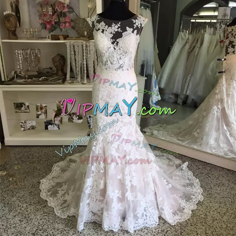 High Quality White Mermaid Scoop Sleeveless Lace Sweep Train Clasp Handle Lace Bridal Gown