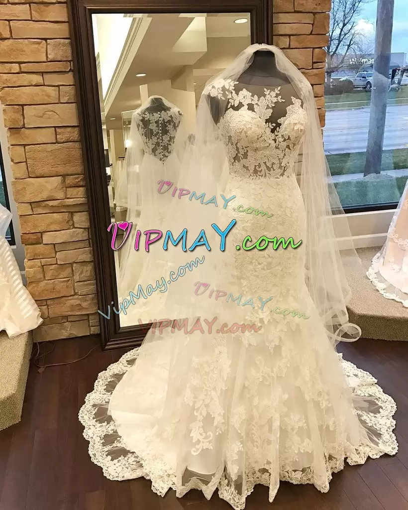 High Quality White Mermaid Scoop Sleeveless Lace Sweep Train Clasp Handle Lace Bridal Gown