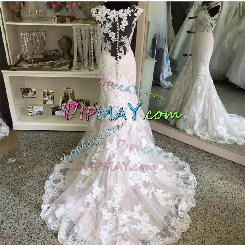 High Quality White Mermaid Scoop Sleeveless Lace Sweep Train Clasp Handle Lace Bridal Gown