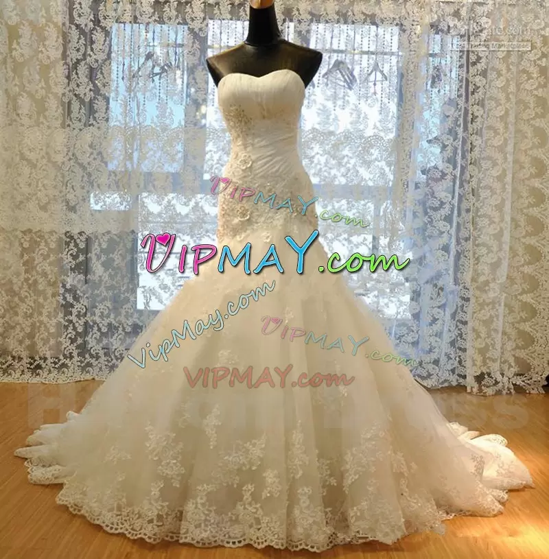 Sweetheart Sleeveless Sweep Train Lace Up Wedding Dress White Tulle Appliques and Hand Made Flower