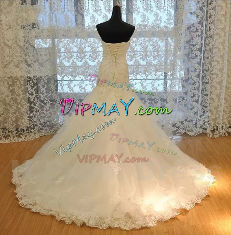 Sweetheart Sleeveless Sweep Train Lace Up Wedding Dress White Tulle Appliques and Hand Made Flower