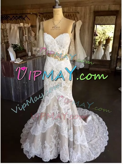 Captivating Sweetheart Sleeveless Sweep Train Lace Up Wedding Dresses Champagne Lace Lace