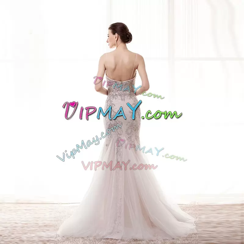 Decent White Sleeveless Sweep Train Beading and Lace Floor Length Wedding Dress