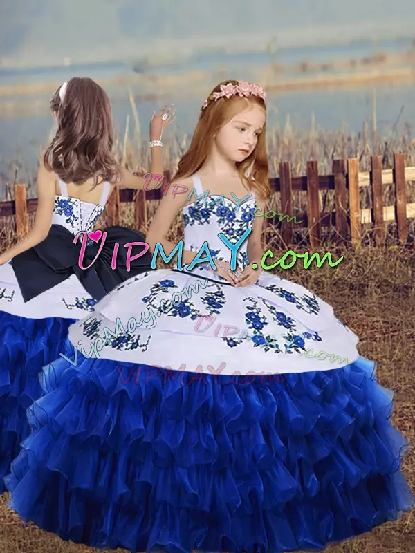 royal blue pageant dress,white and royal blue pageant dress,little girl pageant dress,little girl pageant dress with straps,little girl pageant dress with big bow,pageant dress with straps,little girl pageant dress with embroidery,birthday party dress for little girl,cheap little girl pageant dress,