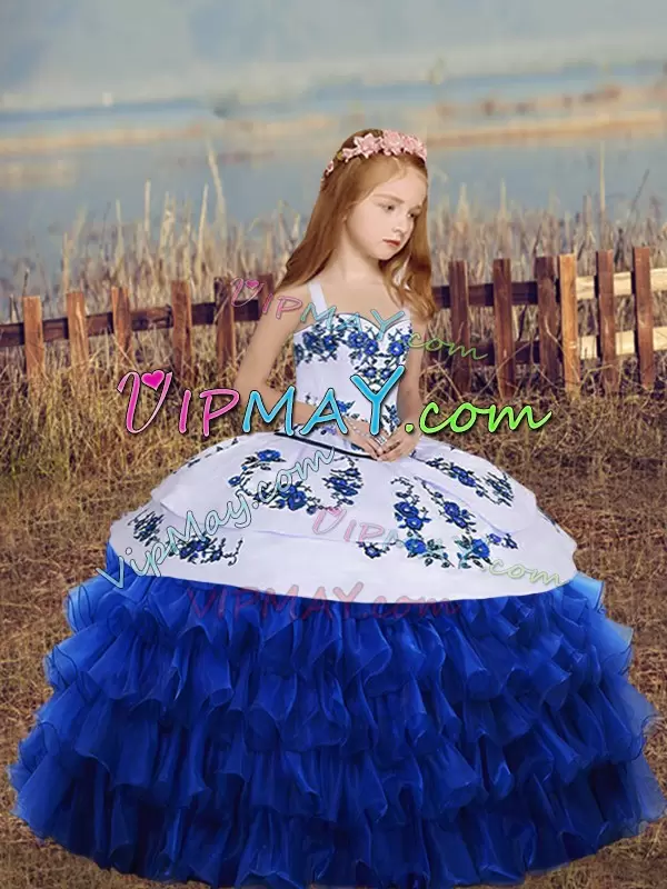 royal blue pageant dress,white and royal blue pageant dress,little girl pageant dress,little girl pageant dress with straps,little girl pageant dress with big bow,pageant dress with straps,little girl pageant dress with embroidery,birthday party dress for little girl,cheap little girl pageant dress,