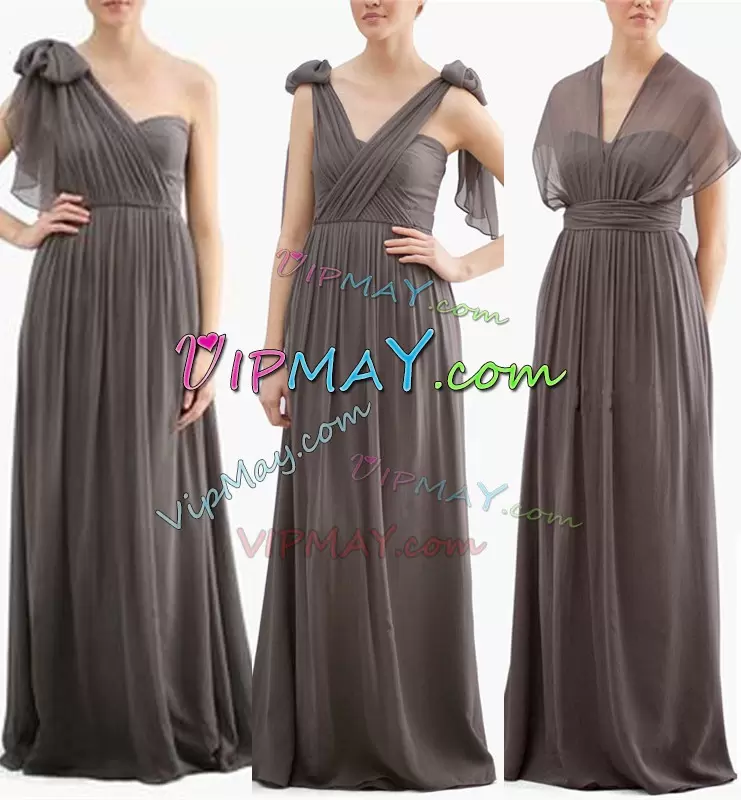 New Style Grey Sleeveless Floor Length Beading and Lace Lace Up Bridesmaid Dress V-neck