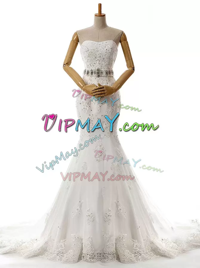 Sweetheart Sleeveless Brush Train Lace Up Bridal Gown White Lace Beading and Lace and Appliques