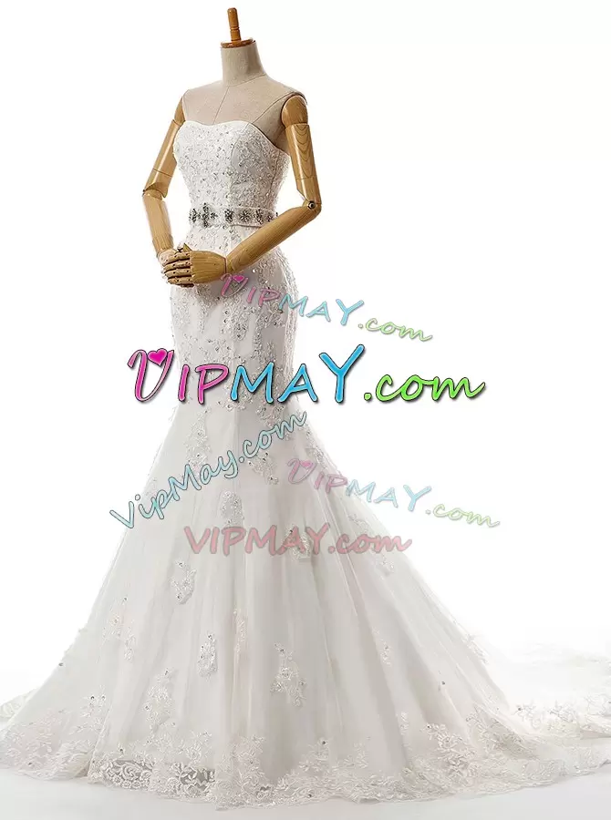 Sweetheart Sleeveless Brush Train Lace Up Bridal Gown White Lace Beading and Lace and Appliques