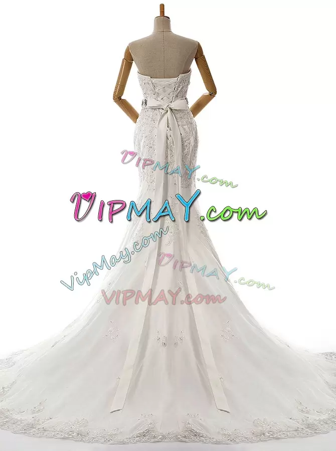 Sweetheart Sleeveless Brush Train Lace Up Bridal Gown White Lace Beading and Lace and Appliques