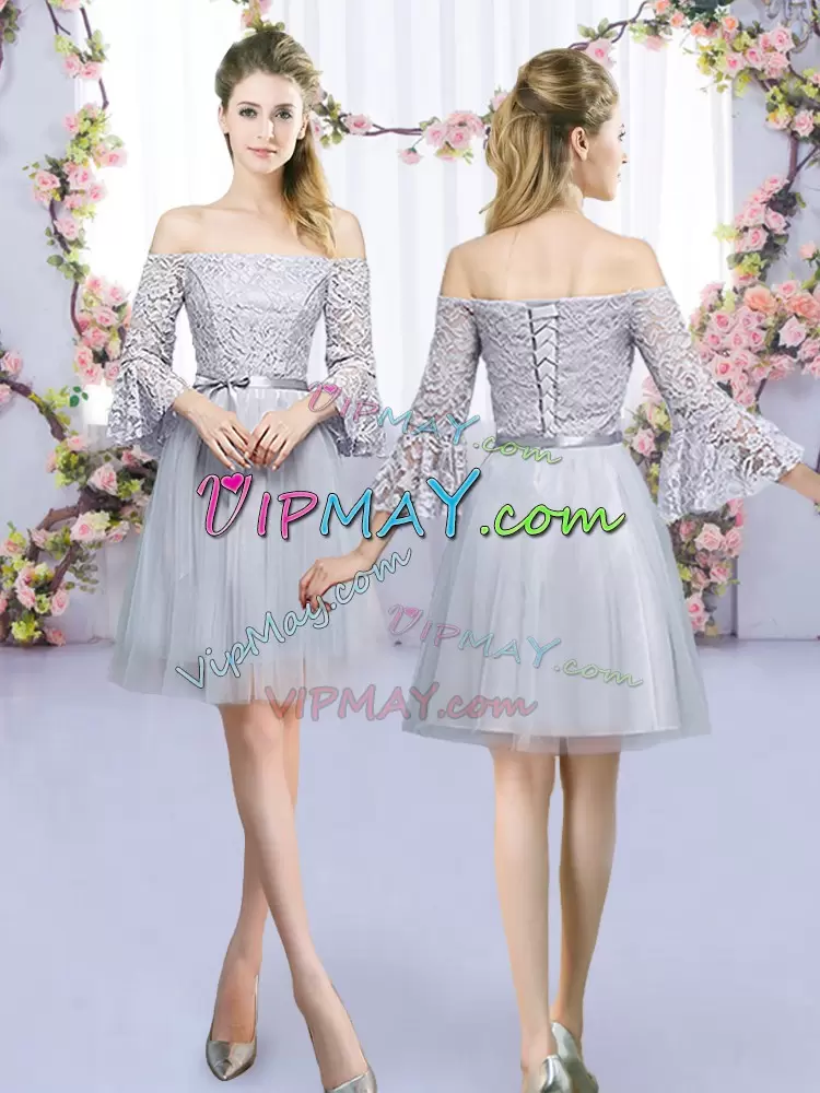 Shining Grey Tulle Lace Up Bridesmaid Dresses 3 4 Length Sleeve Mini Length Lace and Belt