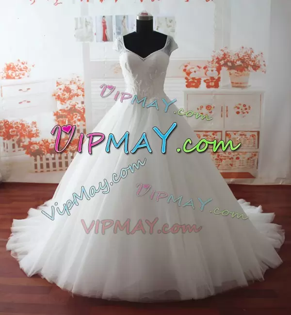 Graceful White Lace Up Sweetheart Appliques Wedding Dress Tulle Cap Sleeves Court Train