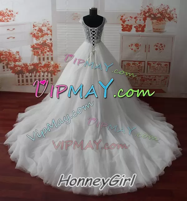 Graceful White Lace Up Sweetheart Appliques Wedding Dress Tulle Cap Sleeves Court Train