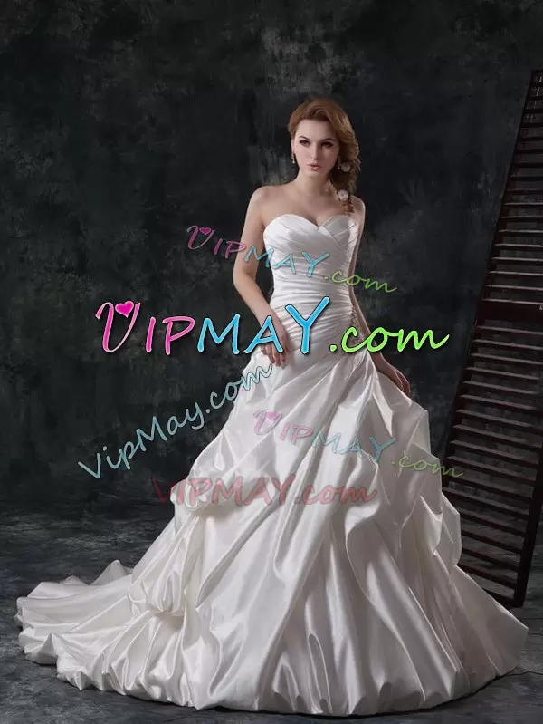 Wonderful White Sleeveless Court Train Beading and Appliques and Ruching and Pick Ups Wedding Gowns