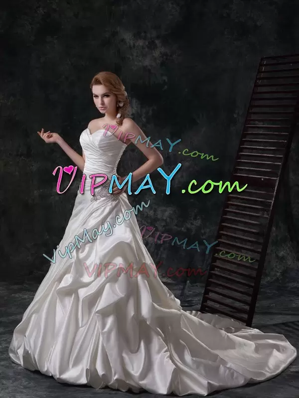 Wonderful White Sleeveless Court Train Beading and Appliques and Ruching and Pick Ups Wedding Gowns