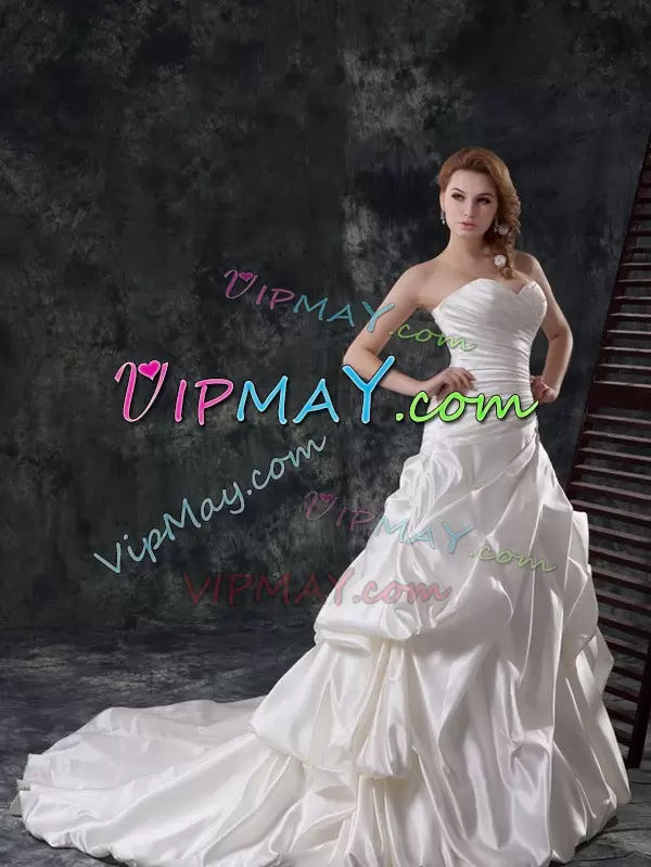 Wonderful White Sleeveless Court Train Beading and Appliques and Ruching and Pick Ups Wedding Gowns