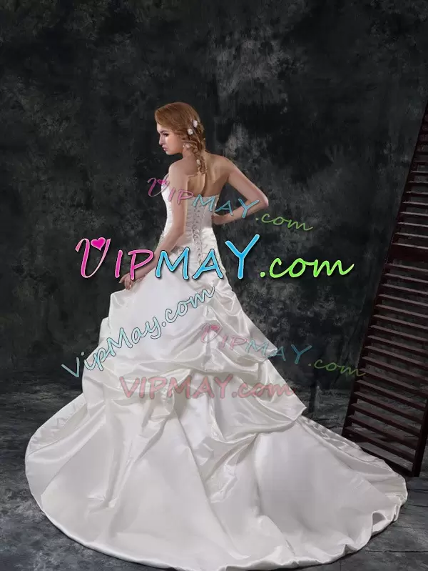 Wonderful White Sleeveless Court Train Beading and Appliques and Ruching and Pick Ups Wedding Gowns