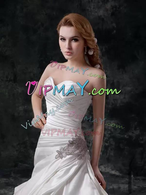 Wonderful White Sleeveless Court Train Beading and Appliques and Ruching and Pick Ups Wedding Gowns