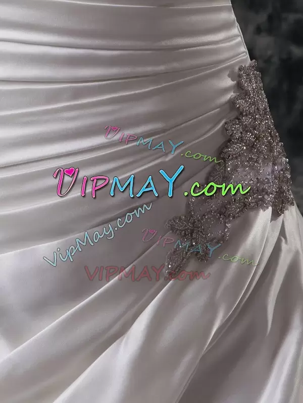 Wonderful White Sleeveless Court Train Beading and Appliques and Ruching and Pick Ups Wedding Gowns