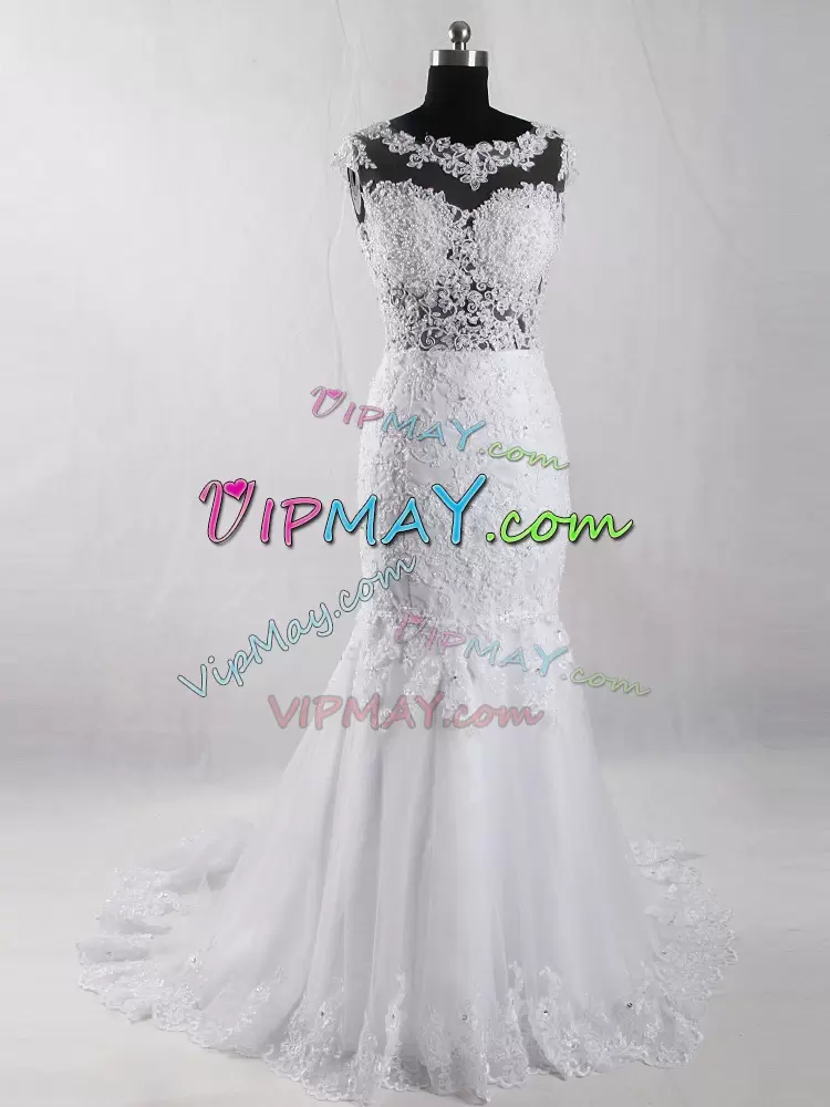 Court Train Mermaid Wedding Dress White Scoop Tulle Sleeveless Side Zipper