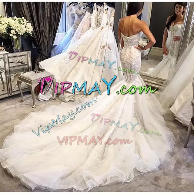 New Arrival White Wedding Dresses Beach and Wedding Party with Lace Sweetheart Sleeveless Chapel Train Zipper