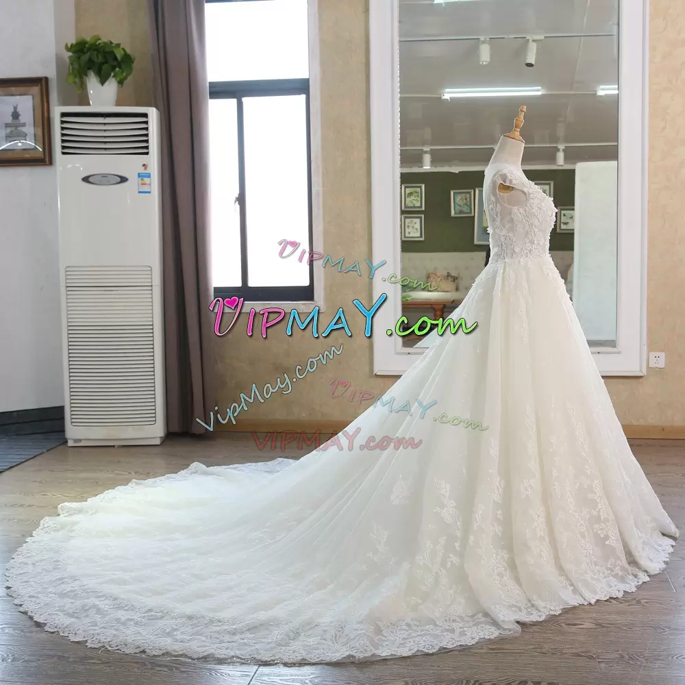 Captivating Cap Sleeves Scoop Chapel Train Lace and Appliques Lace Up Wedding Dress