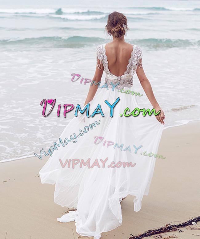 V-neck Cap Sleeves Chiffon Wedding Gowns Beading Backless