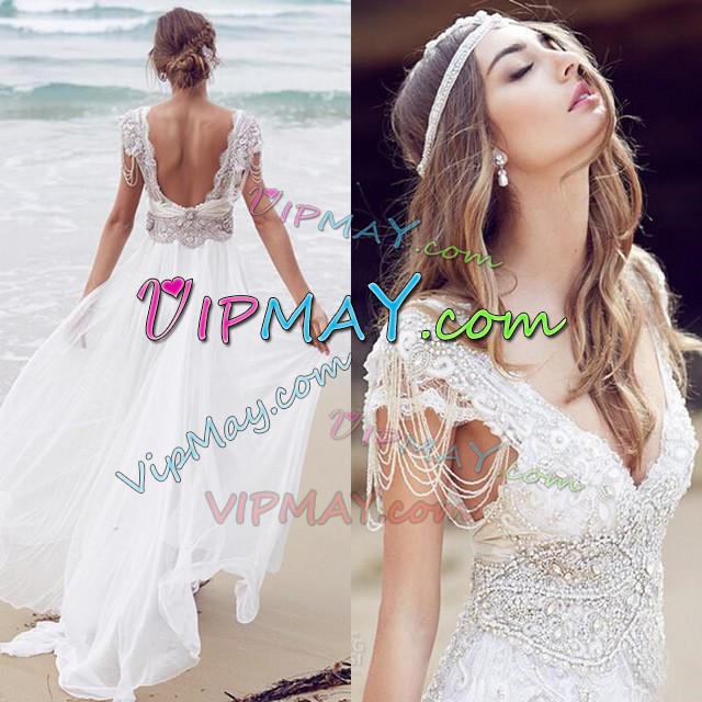 V-neck Cap Sleeves Chiffon Wedding Gowns Beading Backless