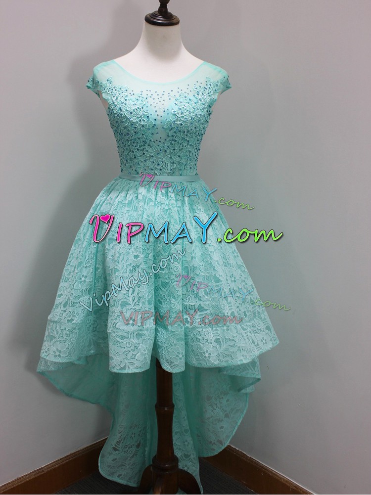 Aqua Blue Cap Sleeves Lace Zipper Bridesmaid Dress for Prom and Party and Wedding Party