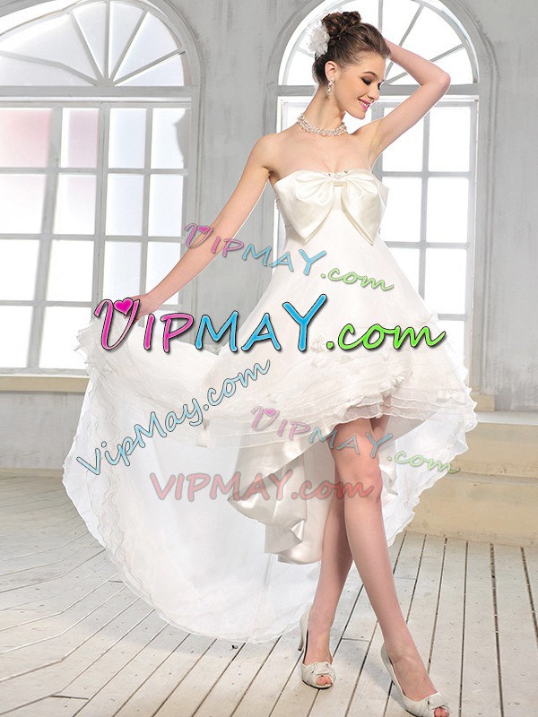 Best White Chiffon Zipper Wedding Dresses Sleeveless High Low Bowknot