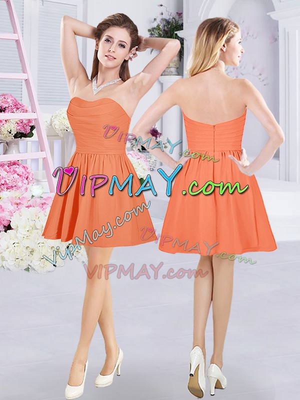 High End Orange A-line Chiffon Straps Sleeveless Lace and Ruching and Belt Mini Length Zipper Bridesmaids Dress