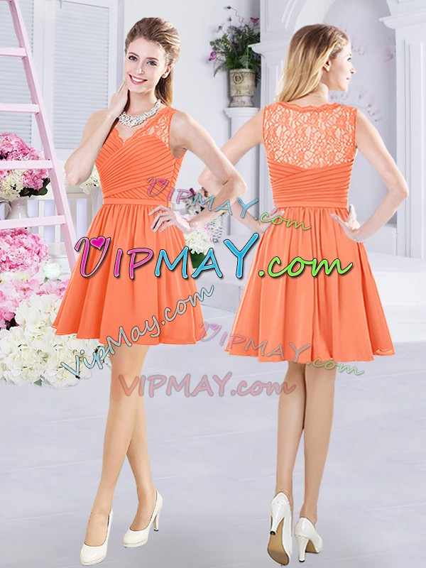 High End Orange A-line Chiffon Straps Sleeveless Lace and Ruching and Belt Mini Length Zipper Bridesmaids Dress