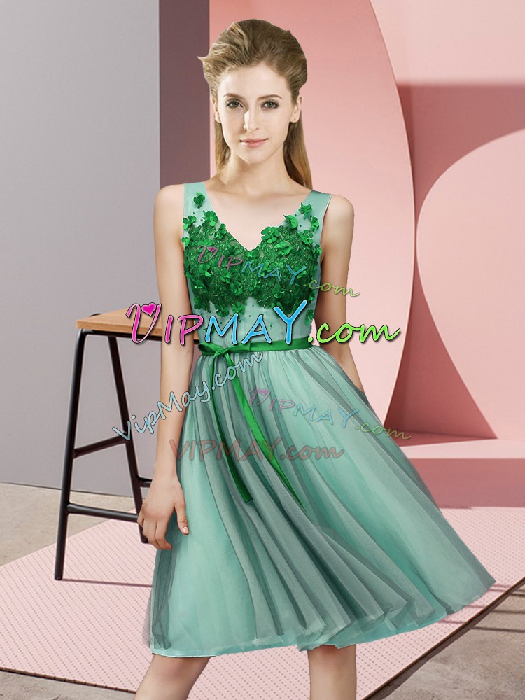 Edgy V-neck Sleeveless Lace Up Wedding Guest Dresses Apple Green Tulle Appliques