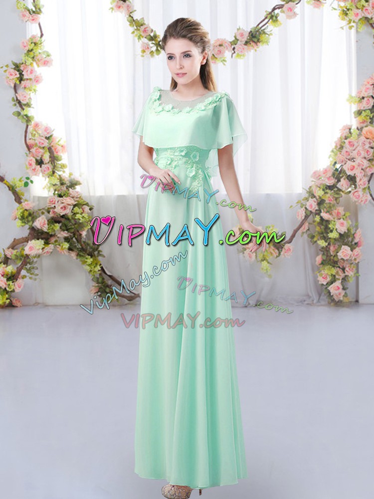 Sumptuous Apple Green Empire Chiffon Scoop Short Sleeves Appliques Floor Length Zipper Bridesmaids Dress