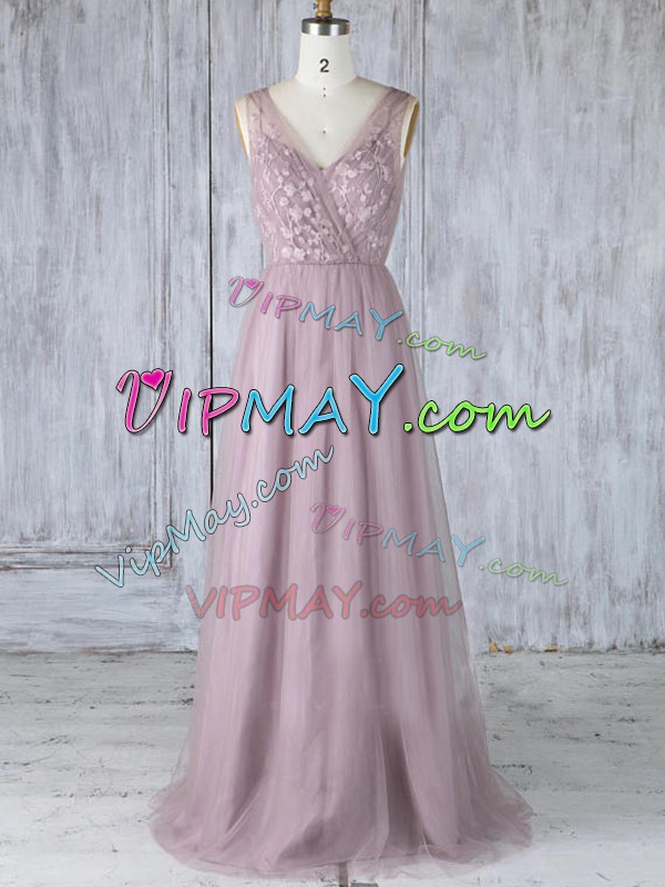 Admirable Floor Length Criss Cross Bridesmaid Dress Lavender for Prom and Wedding Party with Appliques