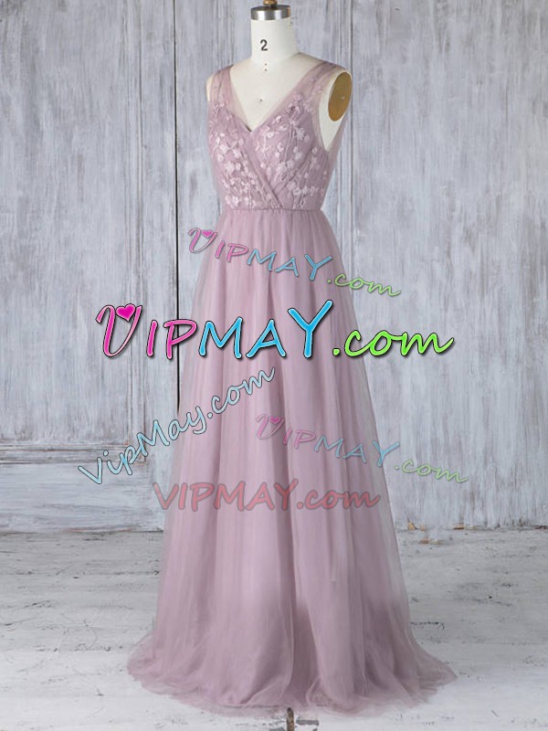 Admirable Floor Length Criss Cross Bridesmaid Dress Lavender for Prom and Wedding Party with Appliques