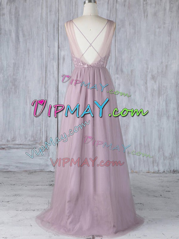 Admirable Floor Length Criss Cross Bridesmaid Dress Lavender for Prom and Wedding Party with Appliques