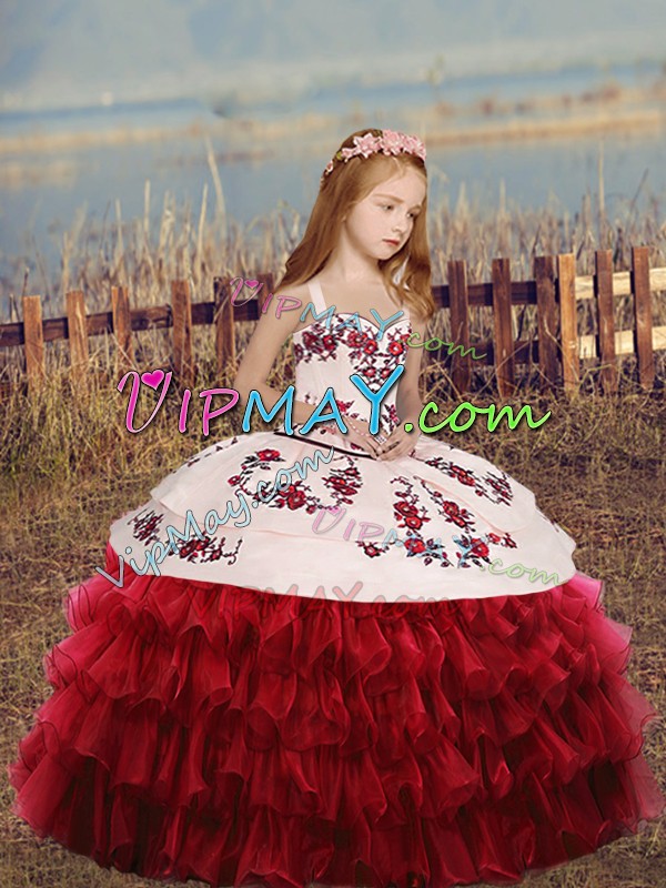 Custom Fit Straps Long Sleeves Pageant Dress Wholesale Floor Length Embroidery and Ruffled Layers Red Organza