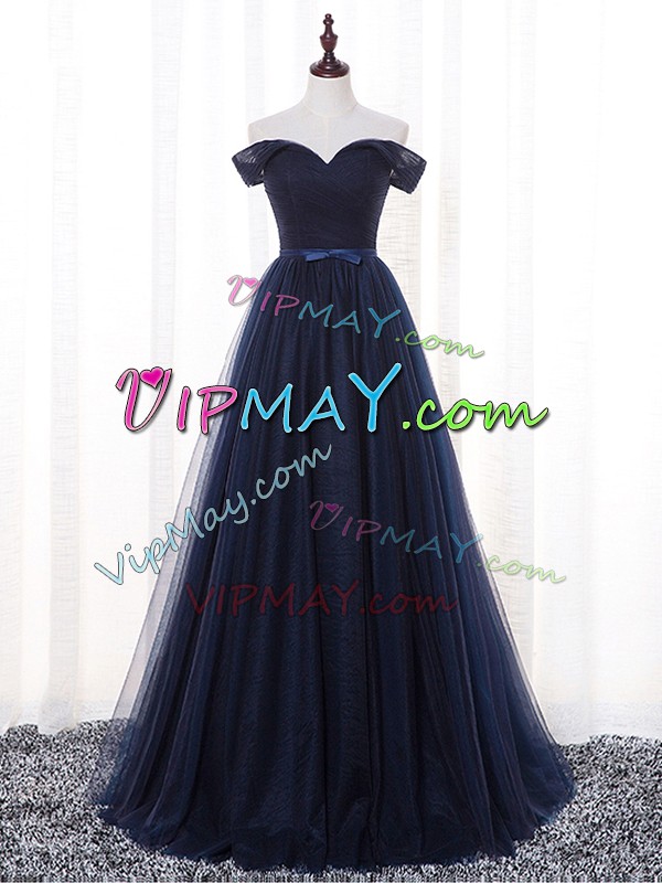 Beautiful Floor Length Navy Blue Wedding Guest Dresses Off The Shoulder Sleeveless Lace Up