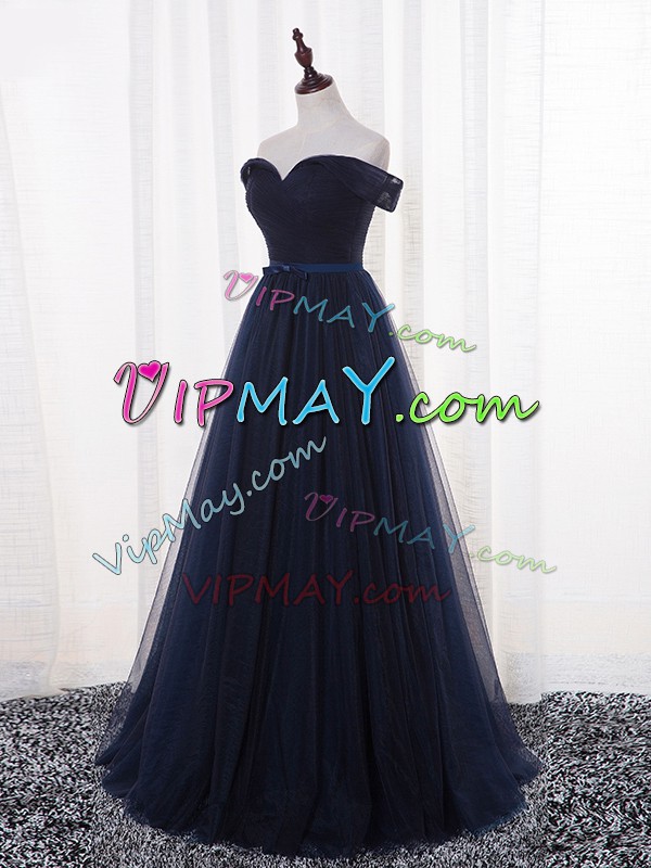 Beautiful Floor Length Navy Blue Wedding Guest Dresses Off The Shoulder Sleeveless Lace Up