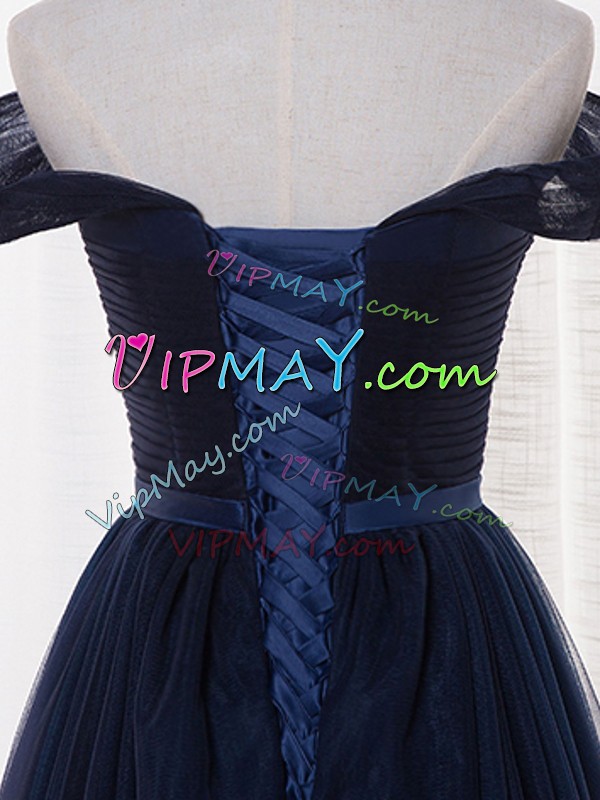 Beautiful Floor Length Navy Blue Wedding Guest Dresses Off The Shoulder Sleeveless Lace Up