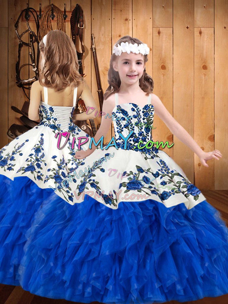 Blue And White Winning Pageant Gowns Party and Sweet 16 and Quinceanera and Wedding Party with Embroidery and Ruffles Straps Sleeveless Lace Up